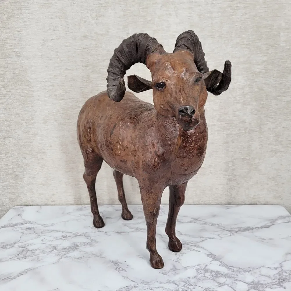 Vintage Tooled Leather Ram Sculpture Folk Art Perfect for your Cabin Lodge Ranch